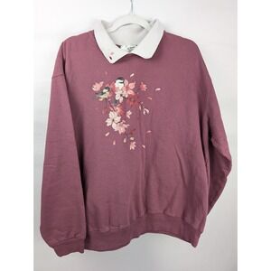 Vintage 90s Floral Bird Collared Sweatshirt Size 2X Chickadee Cottagecore Granny